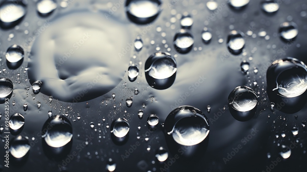  a close up of water droplets on a black surface with a white circle in the middle of the droplet.