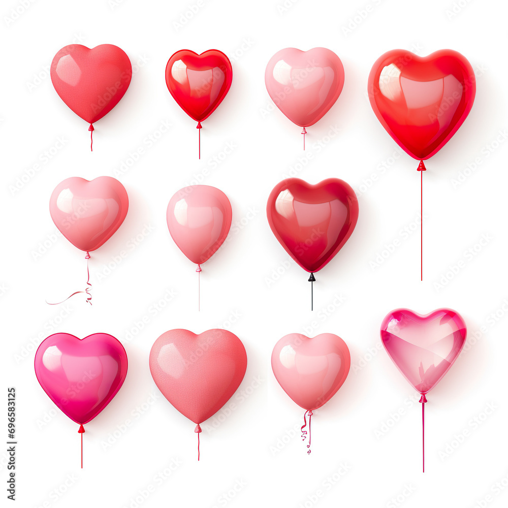 Red and pink Valentine's Day balloons in various shapes
