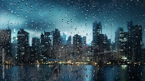view of rainwater droplets on glass window with the view of cityscape photo