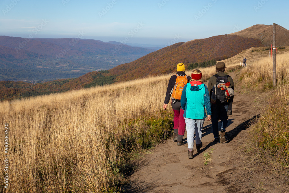 Group of hikers walks in mountains. Mountain outdoor nature wild adventure travel journey summer hot season hiking trekking group of people. The Bieszczady Mountains.