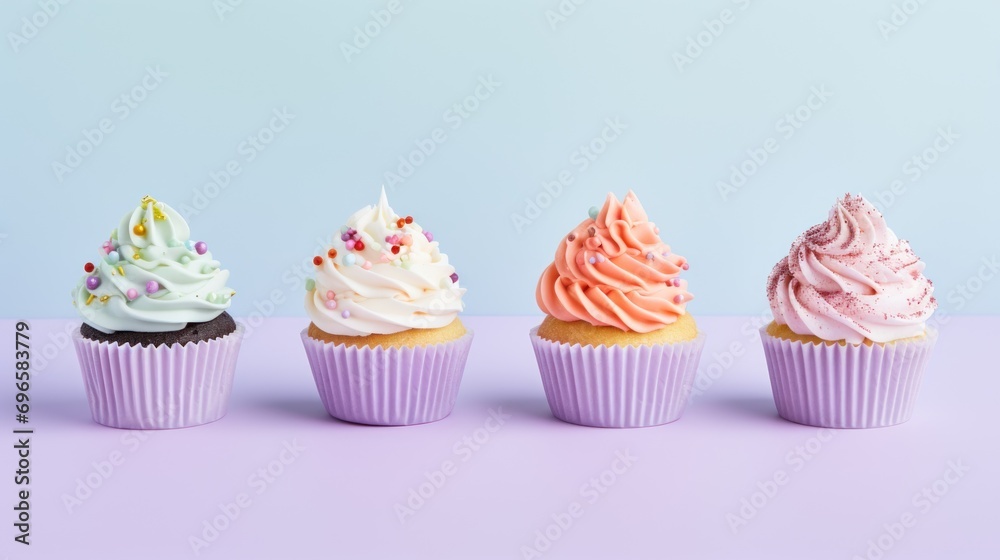 a row of cupcakes with white frosting and sprinkles on a purple and blue background. a row of cupcakes with white frosting and sprinkles on a purple and blue background.