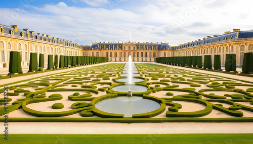 Garden and facade of the palace of versailles. Beautiful gardens outdoors near Paris, France. The Palace Versailles was a royal chateau and was added to the UNESCO list.  photo