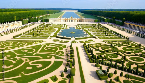 Garden and facade of the palace of versailles. Beautiful gardens outdoors near Paris, France. The Palace Versailles was a royal chateau and was added to the UNESCO list. 