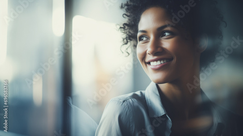Bella donna con capelli ricci in un moderno ufficio con abito elegante e un bel sorriso
