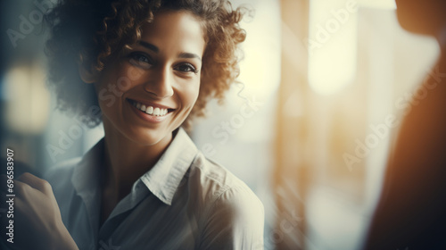 Bella donna con capelli ricci in un moderno ufficio con abito elegante e un bel sorriso photo