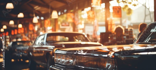 Captivating backdrop  blurred bokeh overlay with vibrant car showroom scenes and vintage car imagery © Ilja