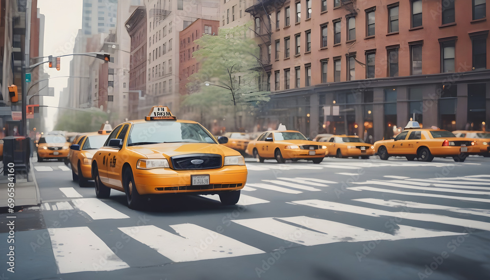 Obraz premium New York City street with taxi: watercolor art painting capturing urban landscape, architecture and the vibrant city life.