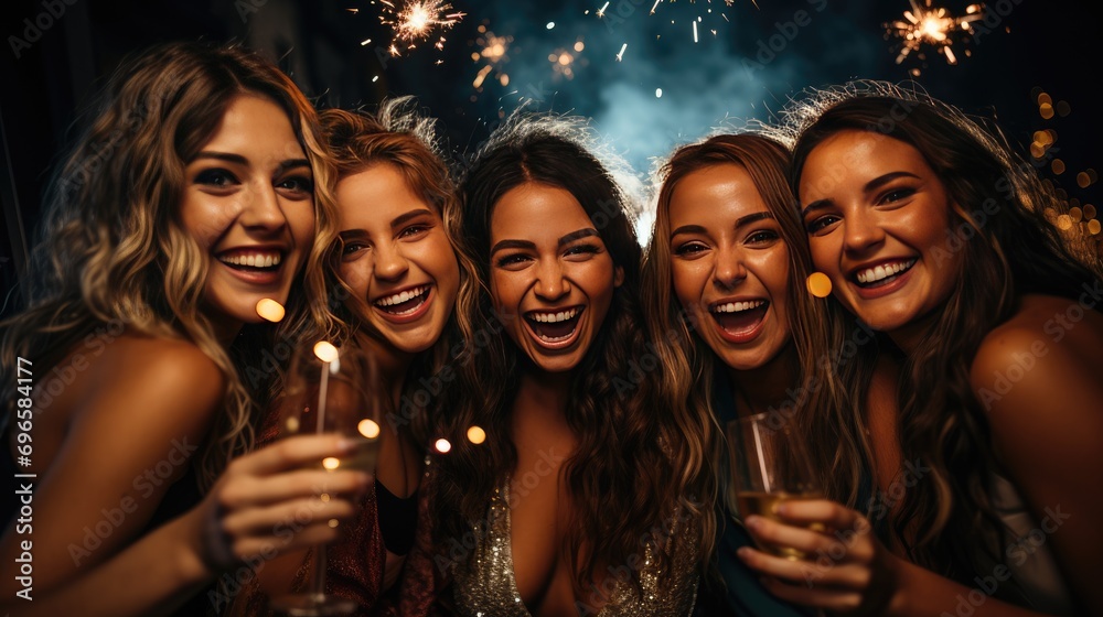 young women group portriat on new year's eve party with champagne and fireworks