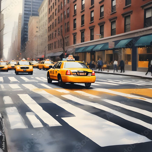New York City street with taxi: watercolor art painting capturing urban landscape, architecture and the vibrant city life.