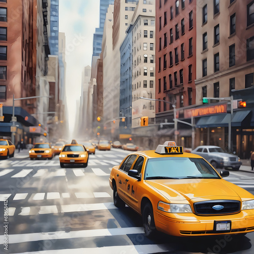 New York City street with taxi  watercolor art painting capturing urban landscape  architecture and the vibrant city life.