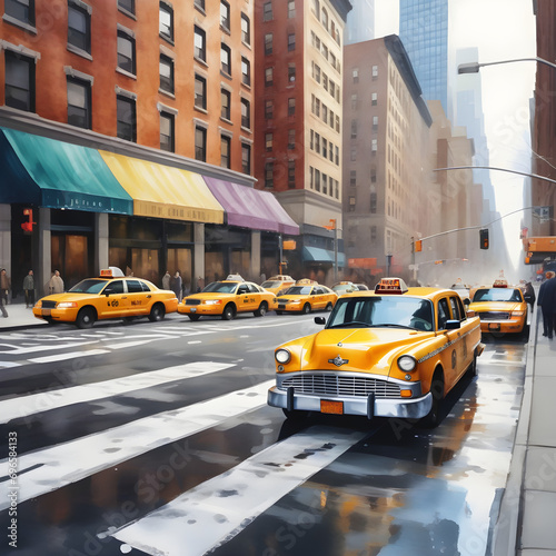 New York City street with taxi: watercolor art painting capturing urban landscape, architecture and the vibrant city life. © Antonio Giordano