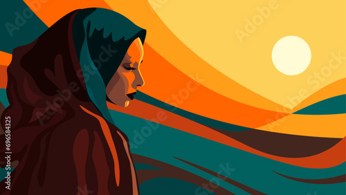 Bold vector illustration of an Islamic woman in hijab in front of an abstract horizon and sunset. photo