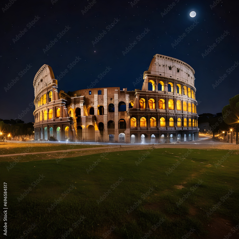 Rome's Colosseum at night under a full moon, stars scattered across the sky, lights illuminating the ruins, a dramatic contrast to the dark sky

