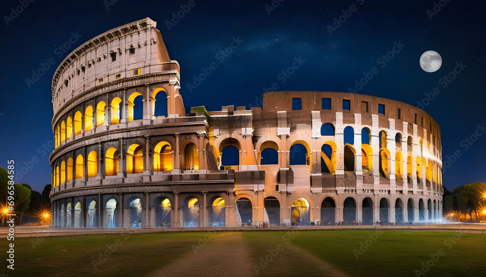 Rome's Colosseum at night under a full moon, stars scattered across the sky, lights illuminating the ruins, a dramatic contrast to the dark sky
