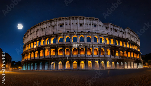 Rome's Colosseum at night under a full moon, stars scattered across the sky, lights illuminating the ruins, a dramatic contrast to the dark sky 
