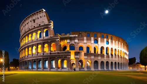 Rome's Colosseum at night under a full moon, stars scattered across the sky, lights illuminating the ruins, a dramatic contrast to the dark sky 