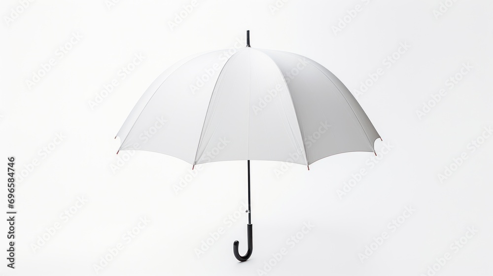  a white umbrella with a black handle hanging from a hook on a white wall with a white wall in the background.