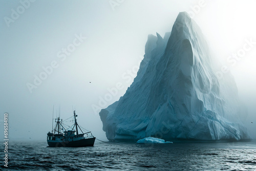 Barco pesquero cerca de un enorme iceberg en un ambiente neblinoso (Generative AI)