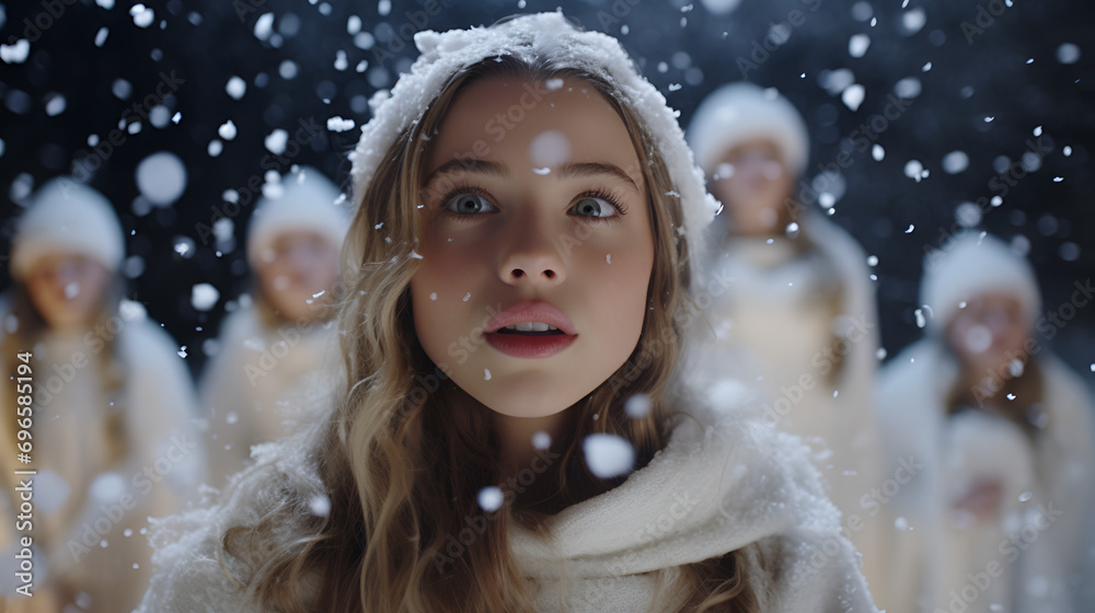 A blond teenager leads a group of Christmas carolers, preparing to sing amidst a snowstorm A blond teenager leads a group of Christmas carolers, preparing to sing amidst a snowstorm