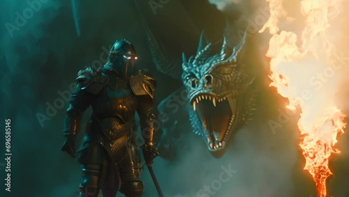 A medieval knight wearing armor plate battling a huge roaring dragon in a fantasy animation photo