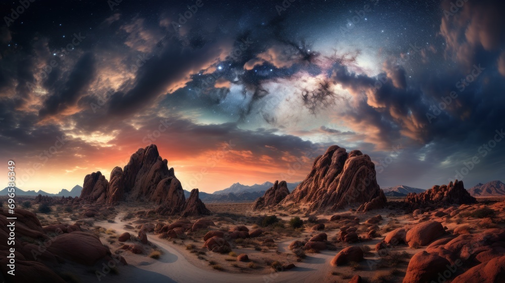  a desert landscape with rocks and mountains under a night sky filled with stars and a star filled sky filled with clouds.