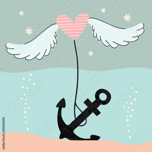 Cartoon striped heart with wings and anchor at the bottom.Hand drawn card with  night sky with stars.Concept of  inability to fly up due to tied load.Inspiring love and problems.Vector illustration.