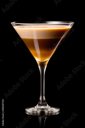 Espresso martini cocktail isolated on black background. Cocktail with with vodka, coffee liqueur, cream and ice