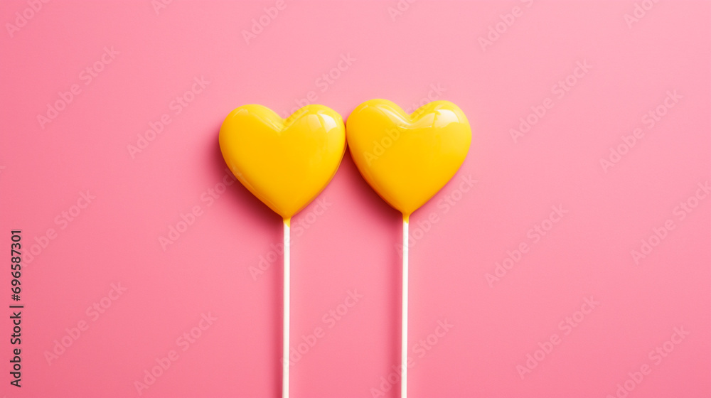 Two heart-shaped candies in yellow on a pink background, generative AI