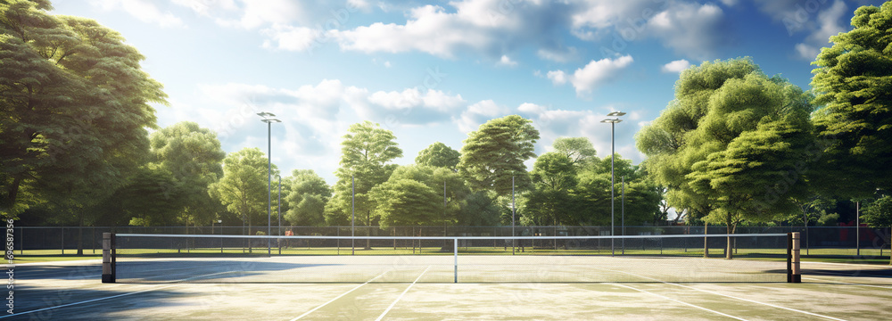 Banner with tennis court in city park, green trees all around, generative AI - obrazy, fototapety, plakaty 
