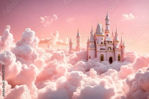 an image of baby pink and white clouds  in that clouds imaginary castle made with white and golden color