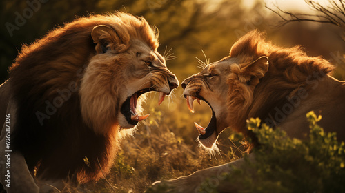 Dois leões adultos brigando na planice com grama alta no fundo desfocado - Papel de parede com iluminação cinematográfica photo