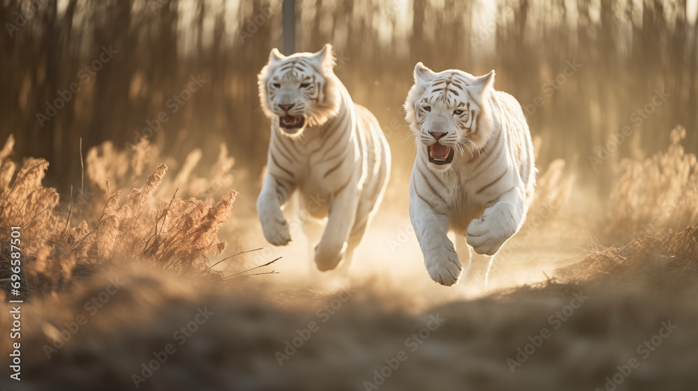 Dois tigres albinos correndo na planice com grama alta no fundo desfocado - Papel de parede com iluminação cinematográfica - obrazy, fototapety, plakaty 