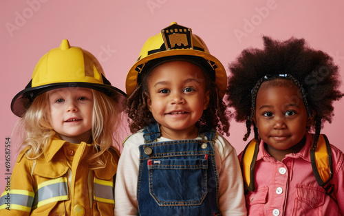 Toddler Firefighters - adorable toddlers dressed up as firefighters working together on a pink background Gen AI