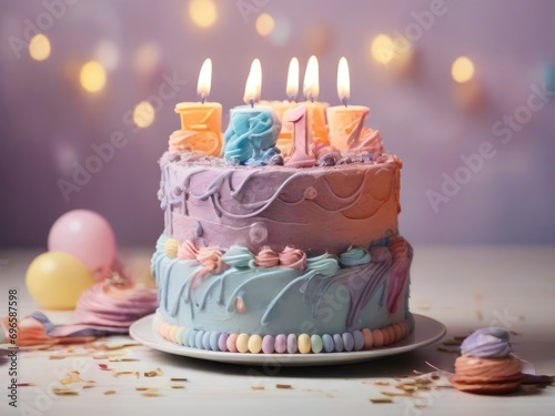Bright and airy  birthday cake with burning candles