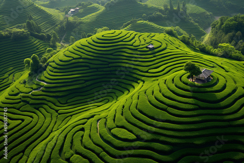 A bird's-eye view of the tea plantation on the top of the mountain