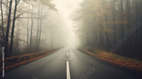 Route de campagne dans la forêt qui se perd dans la brume, une journée d'automne photo