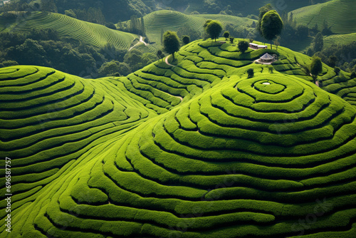 A bird's-eye view of the tea plantation on the top of the mountain