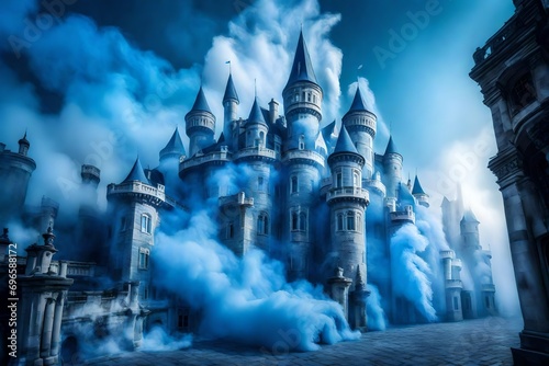 In an image of a five-story castle enveloped in shades of blue, wisps of light blue and white smoke gracefully cascade from each floor, creating an ethereal spectacle. 
