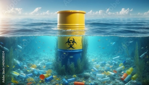 ocean with a split view: half underwater and half above water. The scene features a yellow biohazard barrel, with realistic proportions under and over the waterline. Underwater, there are various type photo
