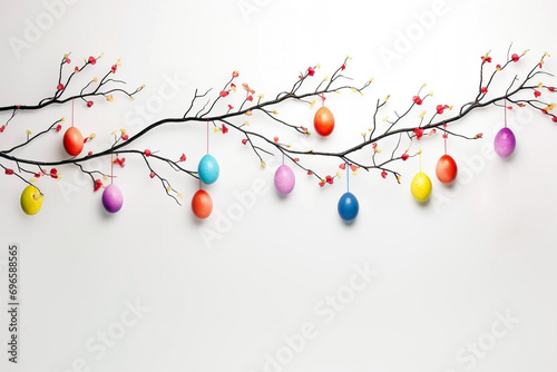 Colorful Easter eggs hanging on branch on white background. Spring time Easter holiday site header illustration