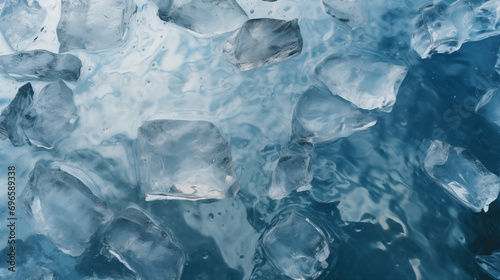 Broken ice in blue water. Natural ice. Cold frozen water. Winter season. Arctic glacier, north beauty. Abstract wallpaper, transparent texture. Generated AI