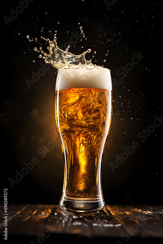 delicious glass of beer splashing on a black background