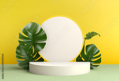 Yellow, white 3D background with realistic cylinder pedestal podium, Arch shape backdrop and green leaf scene. Minimal wall scene mockup product display. Abstract geometric platforms