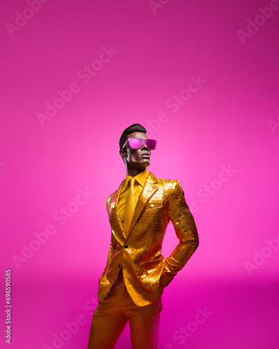 Trendy African American male eccentric model posing, head turned, looking to the side, in studio, wearing golden glitter suit and tie and pink sunglasses. Pink magenta background with copy space