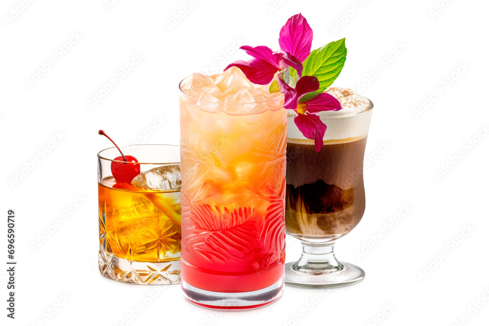 Set and collection of classic alcohol cocktails or mocktail isolated on white background with fresh summer fruits Set and collection of classic alcohol cocktails or mocktail isolated on white background with fresh summer fruits