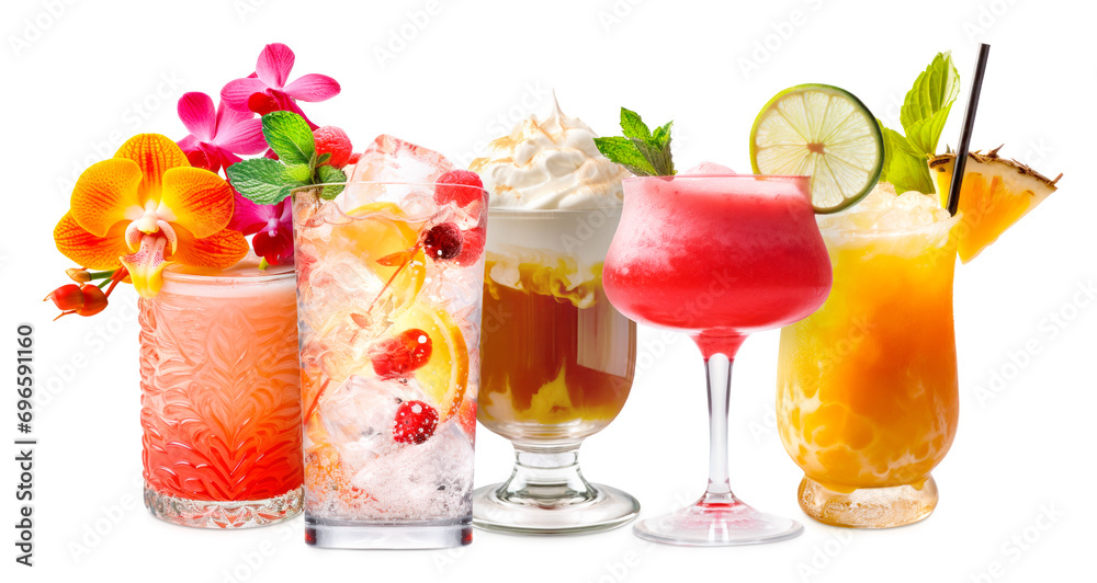 Set and collection of classic alcohol cocktails or mocktail isolated on white background with fresh summer fruits Set and collection of classic alcohol cocktails or mocktail isolated on white background with fresh summer fruits