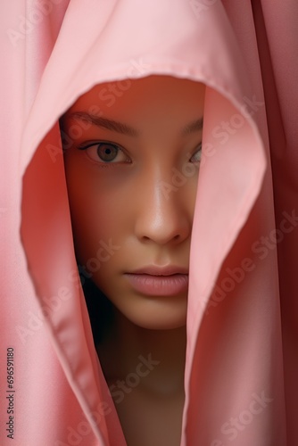 Portrait of a female mannequin in a pink cloth.