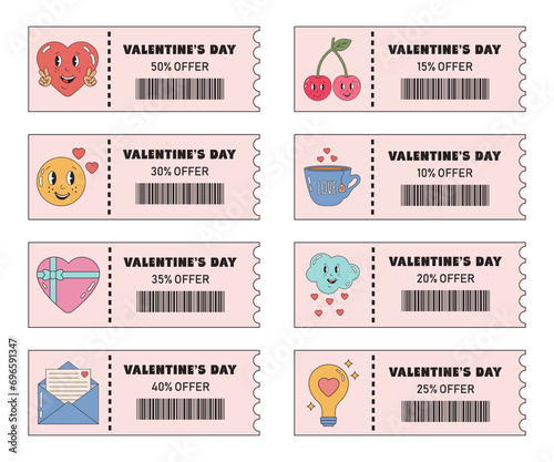 Valentines day tickets, love coupon set. Valentine sale, special offers, discounts coupons for shopping, gifts, restaurants, cinemas, cafes. Voucher set with love, cute elements in groovy retro style.