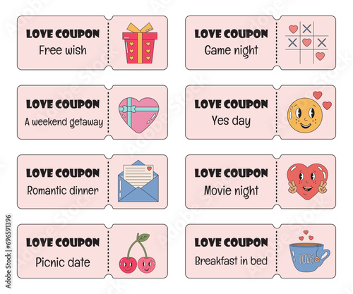 Love Coupons for boyfriend or girlfriend. Valentines day tickets. Love romantic coupons collection, voucher set in retro groovy style for couples. Gift for Valentine day.