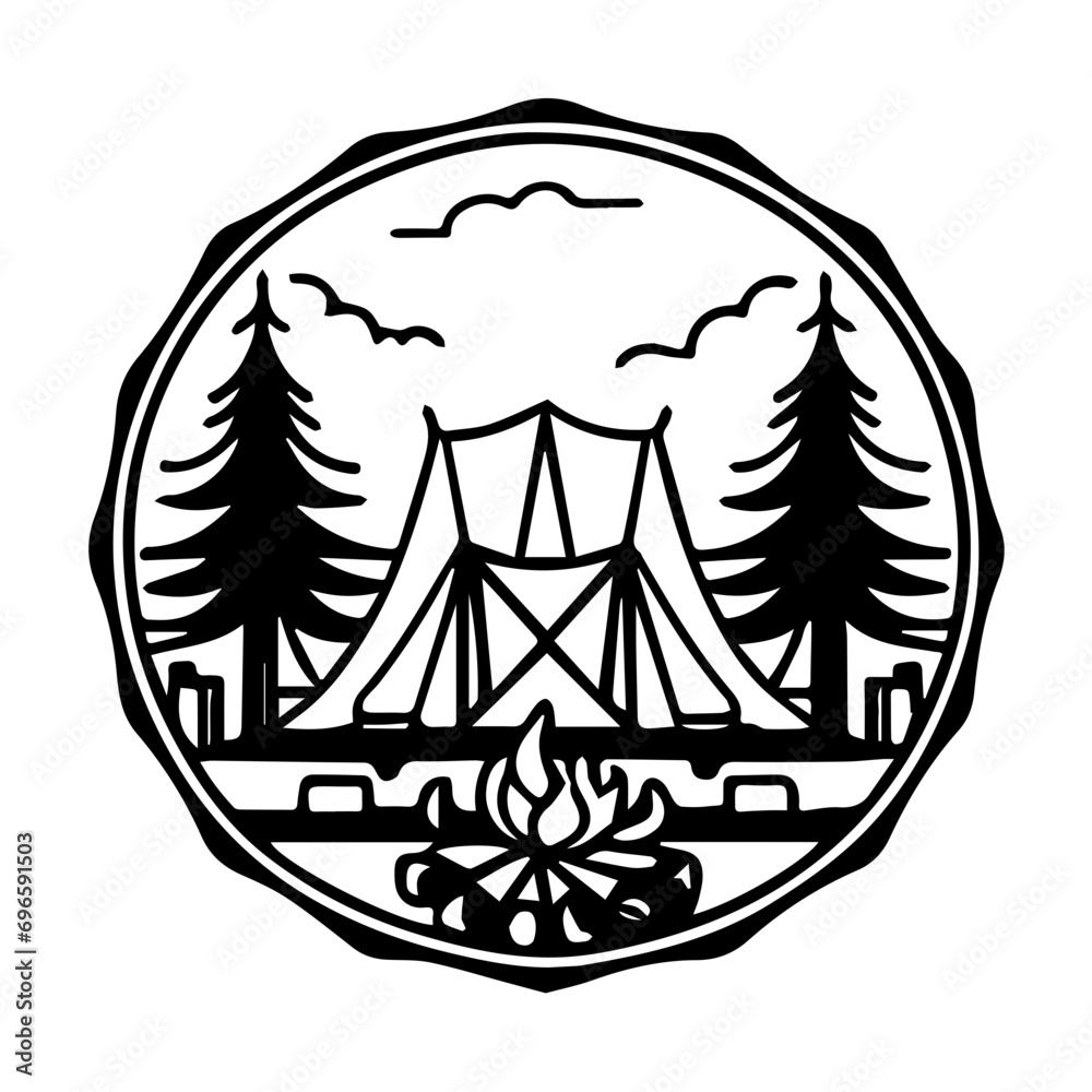 Camping with mountains and forest background logo illustration Camping with mountains and forest background logo illustration